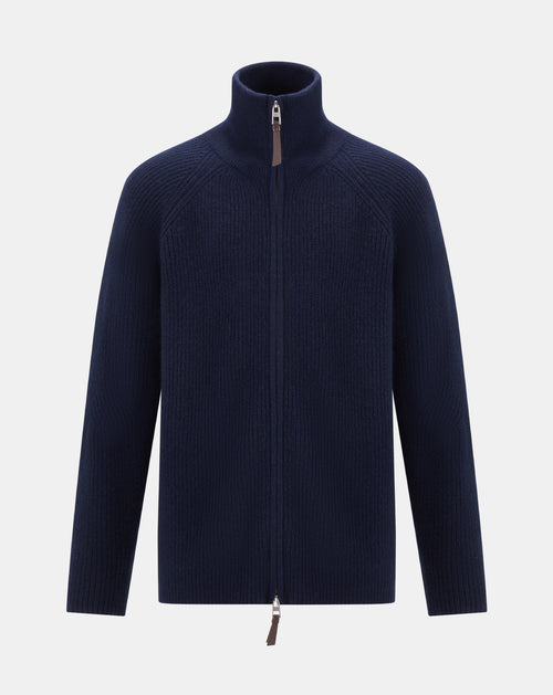 The High-collar Cardigan with Zipper - Dark Blue